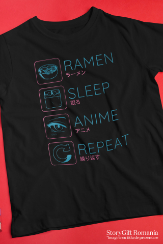 Tricou Femei Cu Mesaj Haios Ramen Sleep Anime Repeat, Mancare Asiatica, Anime, Cadou Pentru Iubitorii De Cultura Asiatica, Albastru  cu imprimeu pe Fata, 100% Bumbac, Negru, M [2]