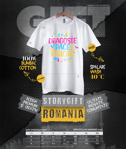 Tricou Femei, Barbati, Copii, Fata, Baiat, Unisex Personalizat Dagste Pace Fericire – Tricou Personalizat cu Mesaj Inspirațional Colorat [3]