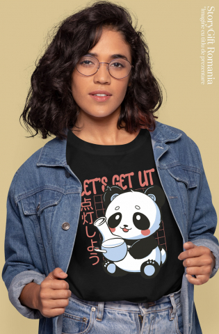 Tricou Femei Cu Mesaj Let's Get Lit, Panda, Grid, Japonez, Bong, Multicolor  cu imprimeu pe Fata, 100% Bumbac, Negru, M [3]