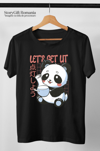 Tricou Femei Cu Mesaj Let's Get Lit, Panda, Grid, Japonez, Bong, Multicolor  cu imprimeu pe Fata, 100% Bumbac, Negru, M [1]