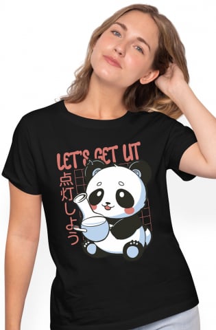 Promotii - Tricou Femei Cu Mesaj Let's Get Lit, Panda, Grid, Japonez, Bong, Multicolor  cu imprimeu pe Fata, 100% Bumbac, Negru, M