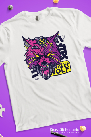 Tricou Femei Cu Mesaj Street Wolf, Lup, Robot, Mecha, Sci Fi, Colti, Multicolor  cu imprimeu pe Fata, 100% Bumbac, Alb, M [1]