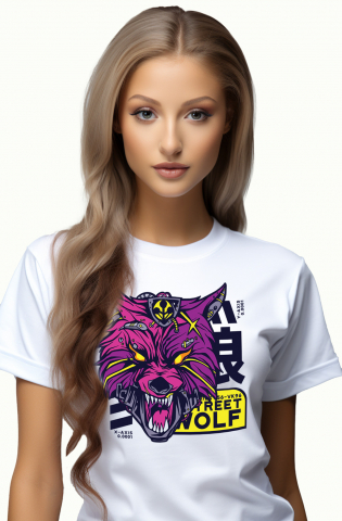 Promotii - Tricou Femei Cu Mesaj Street Wolf, Lup, Robot, Mecha, Sci Fi, Colti, Multicolor  cu imprimeu pe Fata, 100% Bumbac, Alb, M
