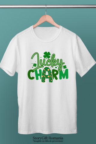 Tricou Femei cu mesajul "Lucky charm", ilustratie, motivational, amuleta, norocoasa, farmec, trifoi  cu imprimeu pe Fata, 100% Bumbac, Alb, S [2]