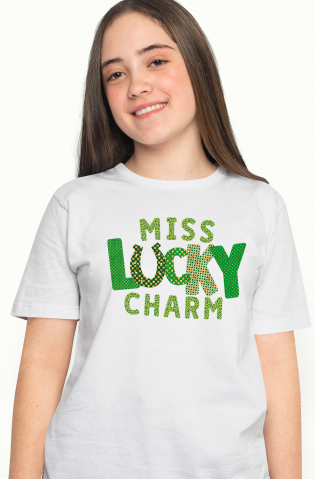 Femei - Marimea XS - Tricou Femei cu mesajul "Miss lucky charm", ilustratie, motivational, domnisoara, norocoasa, atragatoare, trifoi  cu imprimeu pe Fata, 100% Bumbac, Alb, XS