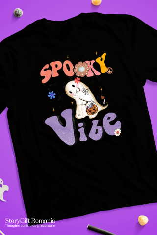 Tricou Femei cu mesajul "Spooky vibe", ilustratie, Halloween, sarbatoare, octombrie, emotie, sentimente, simti, infricosator, sperie, fantoma, dovleac  cu imprimeu pe Fata, 100% Bumbac, Negru, XS [2]