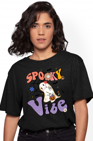 Femei - Marimea XS - Tricou Femei cu mesajul "Spooky vibe", ilustratie, Halloween, sarbatoare, octombrie, emotie, sentimente, simti, infricosator, sperie, fantoma, dovleac  cu imprimeu pe Fata, 100% Bumbac, Negru, XS