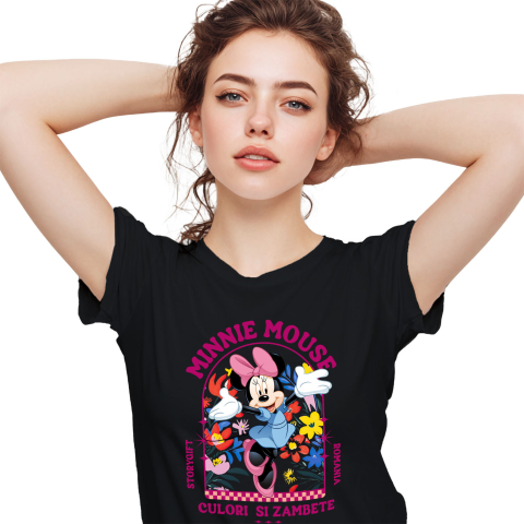 Tricouri - Tricou Femei cu Minnie, în mijlocul unei grădini 100% Bumbac, Negru, L