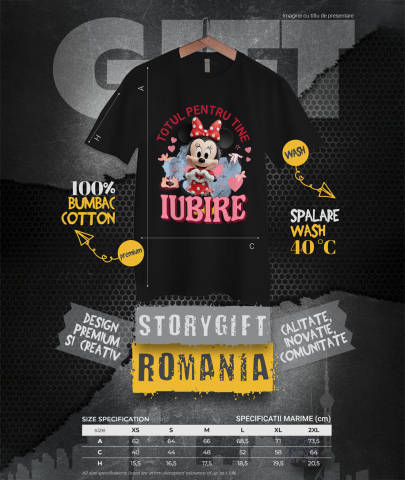 Tricou Femei cu Minnie Mouse, Iubire, Dragoste, Afectiune, Inima 100% Bumbac, Negru, XL [3]
