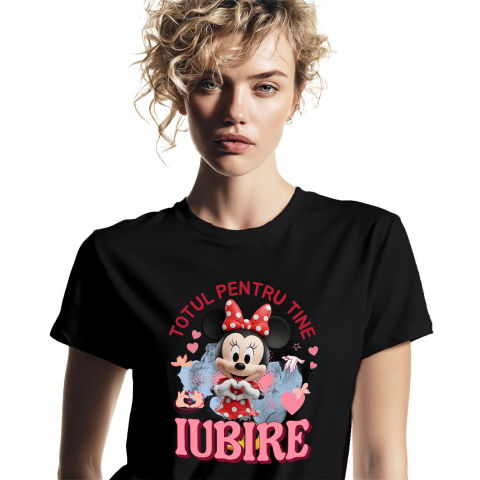 Tricouri - Tricou Femei cu Minnie Mouse, Iubire, Dragoste, Afectiune, Inima 100% Bumbac, Negru, XL