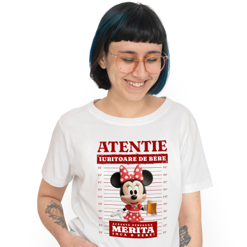 Tricouri - Tricou Femei cu Minnie Mouse si Cadoul Perfect cu Bere 100% Bumbac, Alb, XS