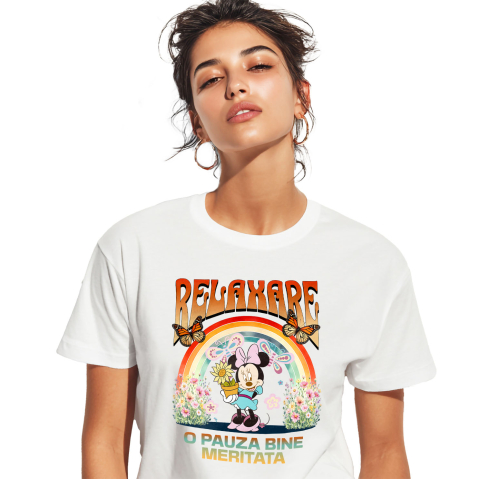 Tricouri - Tricou Femei cu Minnie si Mica ei Gradina 100% Bumbac, Alb, XS