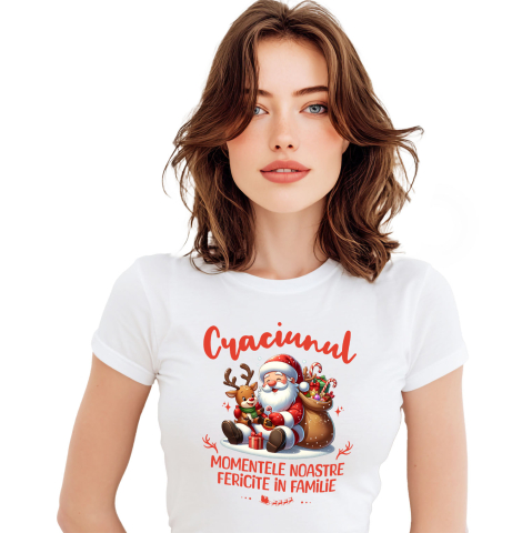 Tricou Femei, Barbati, Copii, Fata, Baiat, Unisex Personalizat Moș Crăciun Animat cu Ren și Sac de Cadouri - Momente Fericite în Familie