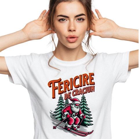 Tricou Femei, Barbati, Copii, Fata, Baiat, Unisex Personalizat Moș Crăciun Cool pe Schiuri – Cadouri Personalizate pentru un Crăciun Plin de Fericire