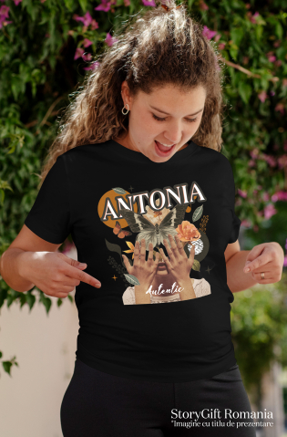 Tricou Femei Cu Numele Antonia, Colaj Fata, Fluture, Flori, Cerc,  cu imprimeu pe Fata, 100% Bumbac, Negru, L [1]