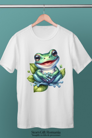 Tricou Femei cu o broasca vesela, ilustratie, frunze, apa, lac, balta, fericire, natura, libertate, rade,  cu imprimeu pe Fata, 100% Bumbac, Alb, XS [2]