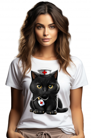 Femei - Marimea L - Tricou Femei cu o pisica neagra serioasa, ilustratie, medicina, asistenta medicala, pentru iubitorii de pisici,  cu imprimeu pe Fata, 100% Bumbac, Alb, L