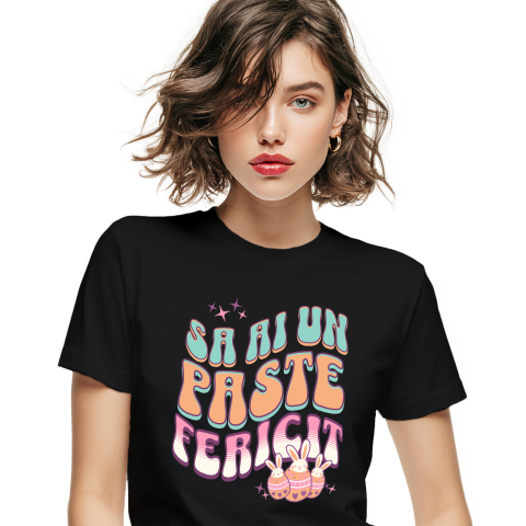 Tricou Femei, Barbati, Copii, Fata, Baiat, Unisex Personalizat "Ouă Colorate cu Iepuri Albi - Paște Fericit, Cadou de Sărbători"