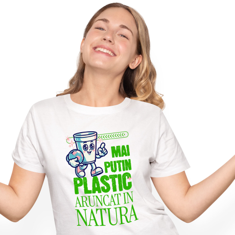 Tricou Femei, Barbati, Copii, Fata, Baiat, Unisex Personalizat "Pahar Ecologic cu Planeta Pământ – Mai Puțin Plastic Aruncat în Natură"