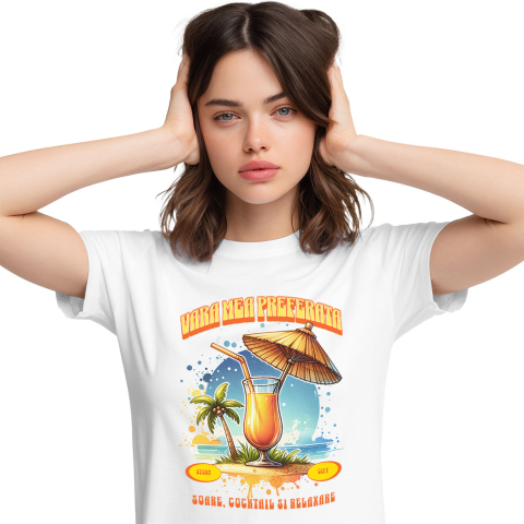 Tricou Femei, Barbati, Copii, Fata, Baiat, Unisex Personalizat „Pahar Fresh Portocale Pe Nisip - Cadou Perfect Pentru Vara Ta Preferată”