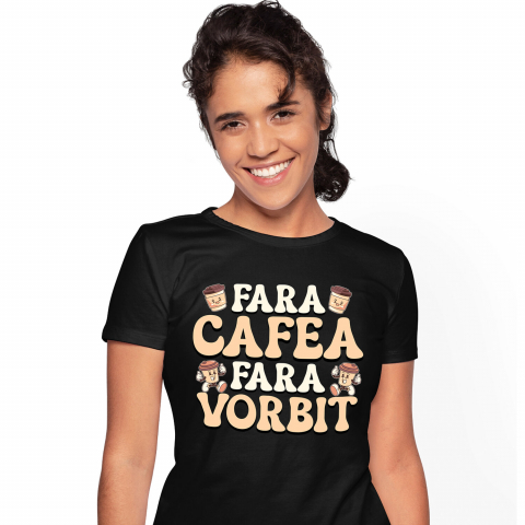 Tricou Femei, Barbati, Copii, Fata, Baiat, Unisex Personalizat „Pahar De Cafea Vesel 'Fără Cafea, Fără Vorbit' – Cadou Amuzant pentru Iubitorii de Cafea”