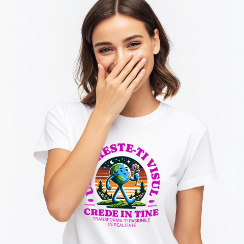 Planeta - Tricou Femei, Barbati, Copii, Fata, Baiat, Unisex Personalizat "Produse personalizate inspiraționale – Pământ mergător și floare roșie pentru a-ți urma visul"