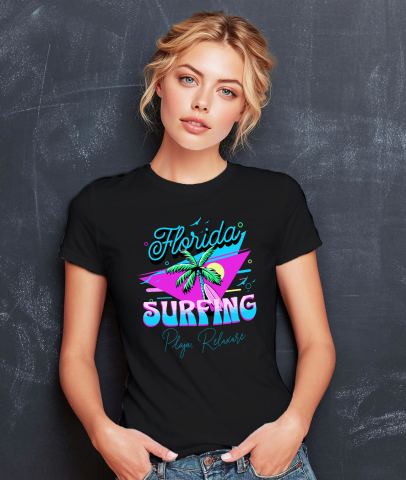 Tricou Femei, Barbati, Copii, Fata, Baiat, Unisex Personalizat "Produse personalizate pentru vacanță – Palmier cu nuci de cocos și placă de surf în Florida pentru surfing" [1]