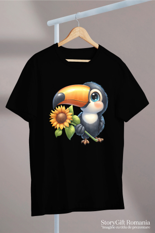 Tricou Femei cu pasarea Tucan, vesela, ilustratie, tine o floare, natura, floarea-soarelui, recolta,  cu imprimeu pe Fata, 100% Bumbac, Negru, L [2]