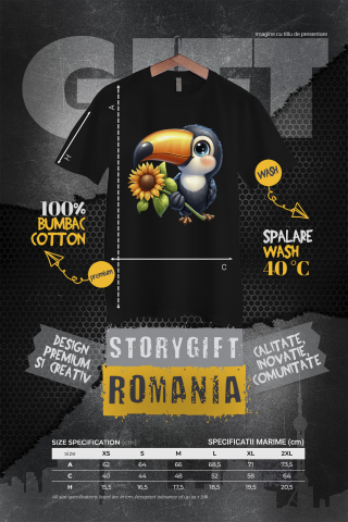 Tricou Femei cu pasarea Tucan, vesela, ilustratie, tine o floare, natura, floarea-soarelui, recolta,  cu imprimeu pe Fata, 100% Bumbac, Negru, L [3]