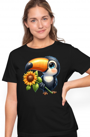 Femei - Marimea L - Tricou Femei cu pasarea Tucan, vesela, ilustratie, tine o floare, natura, floarea-soarelui, recolta,  cu imprimeu pe Fata, 100% Bumbac, Negru, L