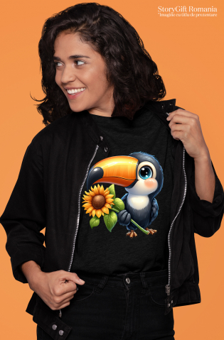 Tricou Femei cu pasarea Tucan, vesela, ilustratie, tine o floare, natura, floarea-soarelui, recolta,  cu imprimeu pe Fata, 100% Bumbac, Negru, L [1]