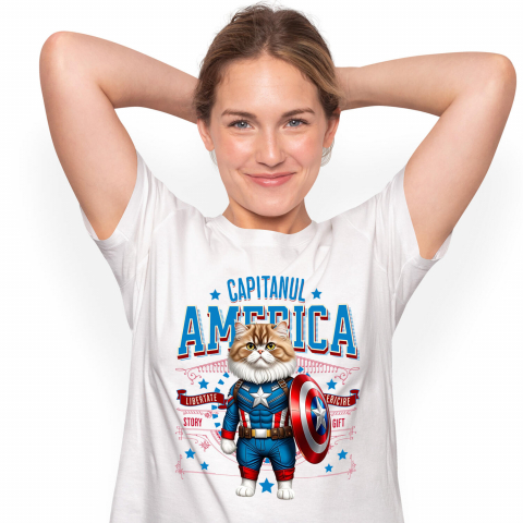 Tricouri - Tricou Femei, Barbati, Copii, Fata, Baiat, Unisex Personalizat Pisica Persan în Costum de Captain America cu Pelerină - Cadou Personalizat pentru Copii și Iubitorii de Pisici