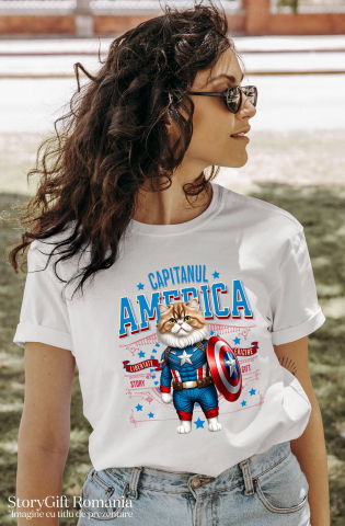 Tricou Femei, Barbati, Copii, Fata, Baiat, Unisex Personalizat Pisica Persan în Costum de Captain America cu Pelerină - Cadou Personalizat pentru Copii și Iubitorii de Pisici [1]