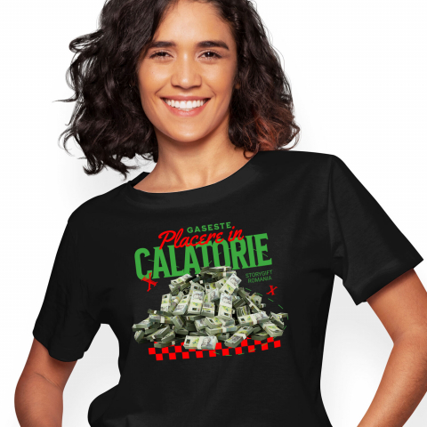 Tricou Femei, Barbati, Copii, Fata, Baiat, Unisex Personalizat Piramidă Teanc de Bani 500 Lei – „Găsește Plăcerea în Călătorie” – Cadou Personalizat pentru Familie, Copii, Tati, Prieteni