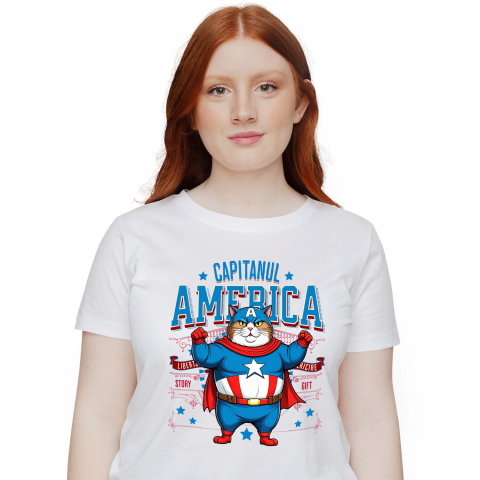Tricouri - Tricou Femei, Barbati, Copii, Fata, Baiat, Unisex Personalizat Pisica Amuzantă și Pufosă în Costum de Captain America cu Pelerină - Cadou Personalizat pentru Copii și Iubitorii de Pisici