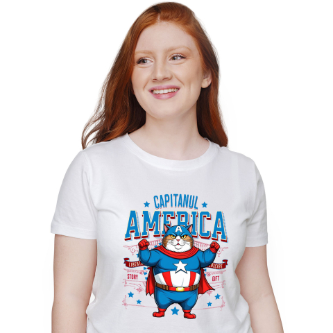 SuperEroi si Personaje TV - Tricou Femei, Barbati, Copii, Fata, Baiat, Unisex Personalizat Pisica Amuzantă și Pufosă în Costum de Captain America cu Pelerină - Cadou Personalizat pentru Copii și Iubitorii de Pisici
