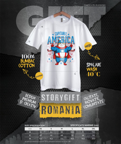 Tricou Femei, Barbati, Copii, Fata, Baiat, Unisex Personalizat Pisica Amuzantă și Pufosă în Costum de Captain America cu Pelerină - Cadou Personalizat pentru Copii și Iubitorii de Pisici [3]