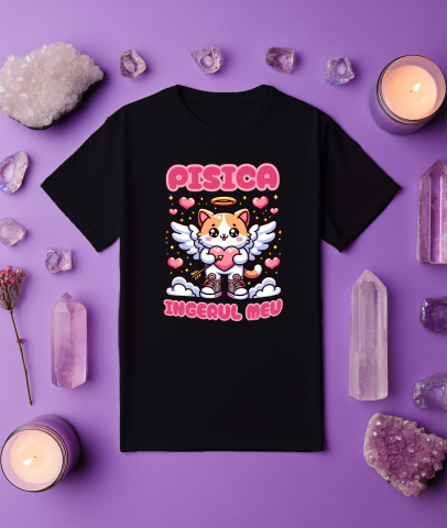 Tricou Femei, Barbati, Copii, Fata, Baiat, Unisex Personalizat Pisica Cu Aripi și Inimă Cu Săgeată - Cadou Personalizat „Pisica Îngerul Meu” pentru Familie și Prieteni [2]