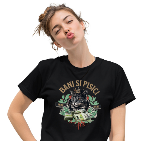 Bani Si Investitii - Tricou Femei, Barbati, Copii, Fata, Baiat, Unisex Personalizat Pisică Regină cu Teancuri de Bancnote 500 RON – Cadou Personalizat pentru Familie, Copii, Tati, Prieteni