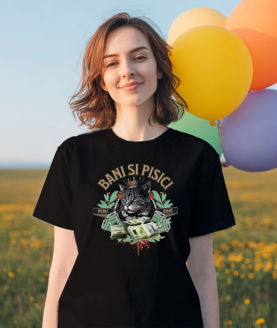 Tricou Femei, Barbati, Copii, Fata, Baiat, Unisex Personalizat Pisică Regină cu Teancuri de Bancnote 500 RON – Cadou Personalizat pentru Familie, Copii, Tati, Prieteni [1]