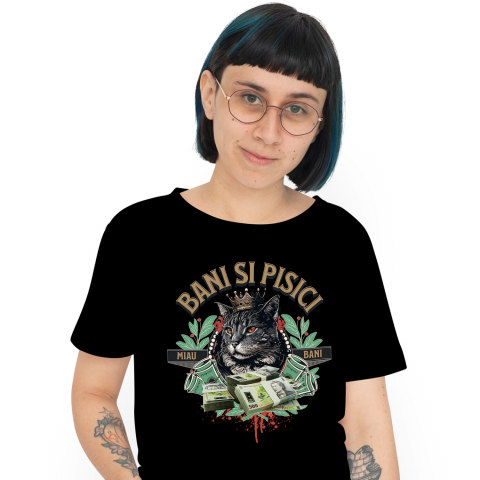 BANI - Tricou Femei, Barbati, Copii, Fata, Baiat, Unisex Personalizat Pisică Regină cu Teancuri de Bancnote 500 RON – Cadou Personalizat pentru Familie, Copii, Tati, Prieteni