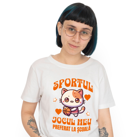Educatie - Tricou Femei, Barbati, Copii, Fata, Baiat, Unisex Personalizat Pisică cu Minge de Baschet - Sportul Jocul Meu Preferat pentru Școală și Educație