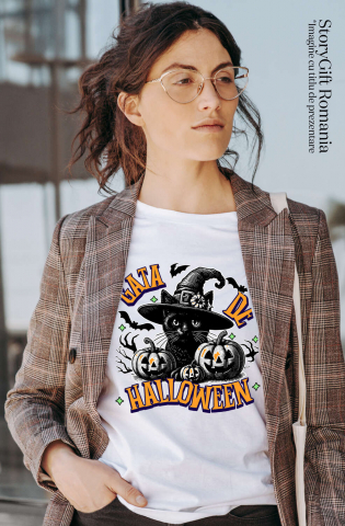 Tricou Femei, Barbati, Copii, Fata, Baiat, Unisex Personalizat Pisica cu Pălărie de Halloween și Dovleci de Horror | Costum Pisică Tematic Halloween [1]