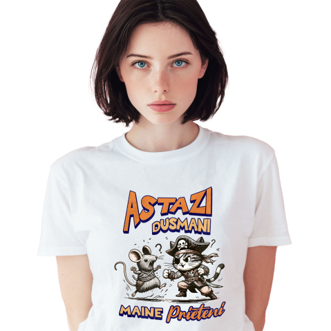 Prieteni - Tricou Femei, Barbati, Copii, Fata, Baiat, Unisex Personalizat Cadouri personalizate pentru copii – Pisica pirat și soarecele în luptă cu mesaj amuzant