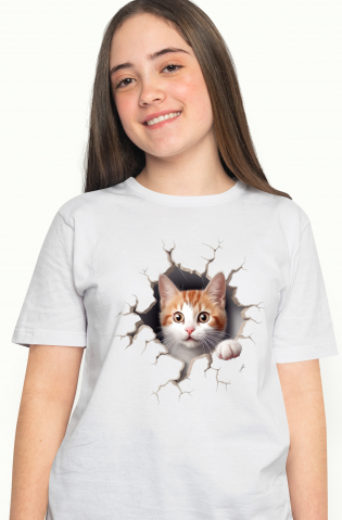 Femei - Marimea L - Tricou Femei Cu Pisica cu Portocaliu si Alb Care iese din Zid, Adorabil, Animale, Iubitorii de Pisici cu imprimeu pe Fata, 100% Bumbac, Alb, XL