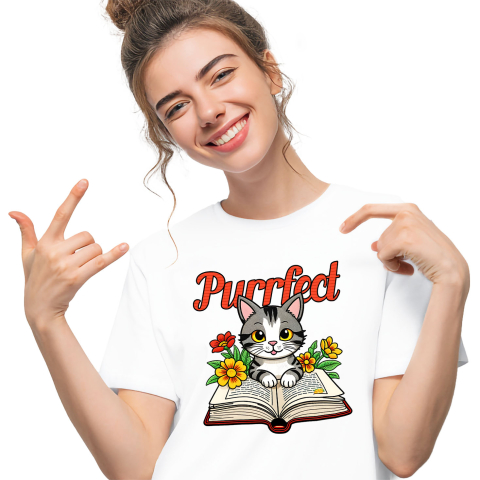 Tricou Femei, Barbati, Copii, Fata, Baiat, Unisex Personalizat Pisica Gri Citind Carte – Cadou Personalizat Purrfect pentru Iubitorii De Pisici și Cărți