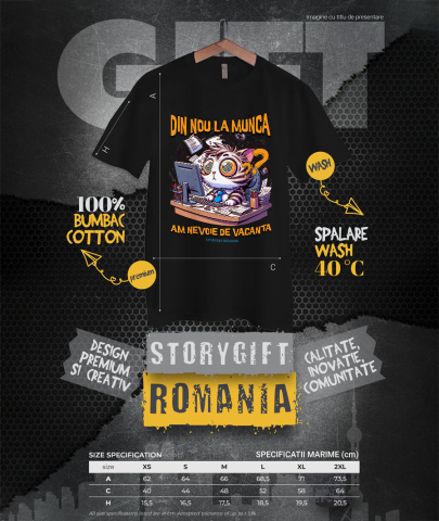 Tricou Femei, Barbati, Copii, Fata, Baiat, Unisex Personalizat Pisica Haioasă La Birou „Din Nou La Muncă, Am Nevoie De O Vacanță” – Cadou Amuzant Pentru Iubitorii De Pisici [3]