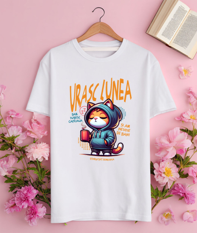 Tricou Femei, Barbati, Copii, Fata, Baiat, Unisex Personalizat Pisica Haioasă Somnoroasă Cu Cană De Cafea – Cadou Personalizat „Urașc Lunea, Iubesc Cafeaua” pentru Iubitorii De Pisici și Cafea [2]