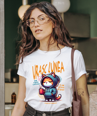 Tricou Femei, Barbati, Copii, Fata, Baiat, Unisex Personalizat Pisica Haioasă Somnoroasă Cu Cană De Cafea – Cadou Personalizat „Urașc Lunea, Iubesc Cafeaua” pentru Iubitorii De Pisici și Cafea [1]