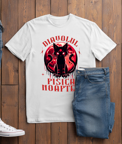 Tricou Femei, Barbati, Copii, Fata, Baiat, Unisex Personalizat Pisica Horror cu Ochi Roșii | Diavolul Pisica de Halloween [2]